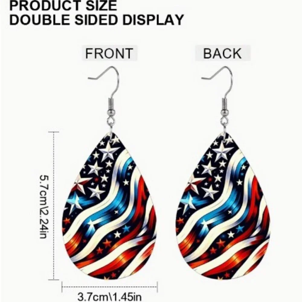 Red And Blue Five-Pointed Star Flag Pattern Leather Earrings Independence Day